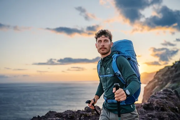 Wanderer mit blauem Wanderrucksack an einer felsigen Küste im Sonnenuntergang.